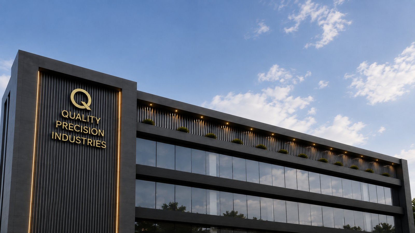 Glass facade of the Quality Precision Industries facility at Chakan, Pune
