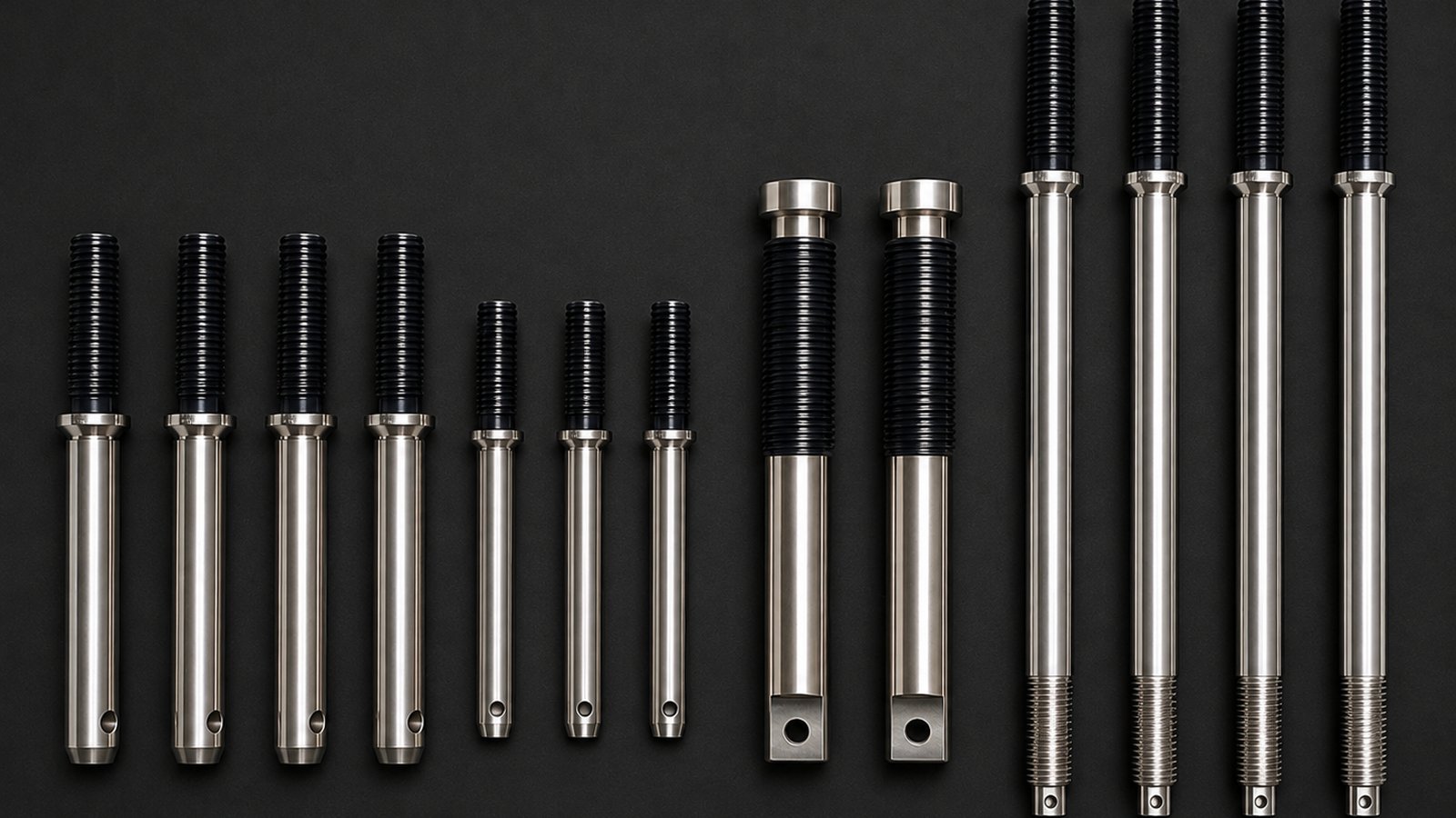 A finished set of forged and machined stems in varying sizes