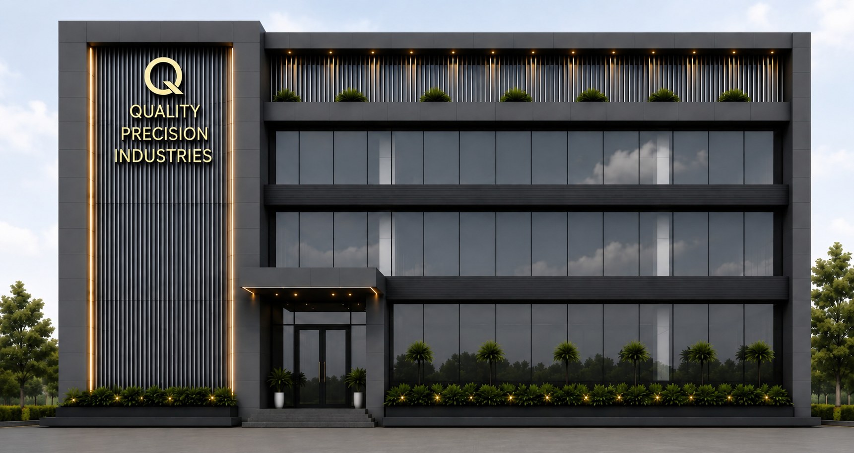 Glass facade of the new Quality Precision Industries facility at Chakan, Pune
